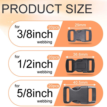 CooBigo 60 Pack Paracord Bracelets Buckles, 5/8, 1/2 and 3/8 Inch Contoured Paracord Buckles, Plastic Side Release Clasp for Parachute 550 Cord Bracelets Clasps Clip Dog Collar Accessories (20 Each)
