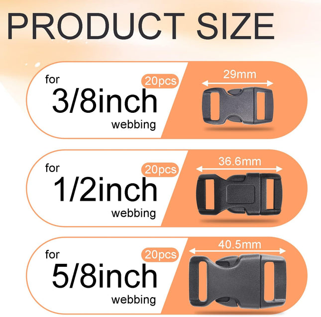 CooBigo 60 Pack Paracord Bracelets Buckles 5/8 1/2 and 3/8 Inch Contoured Paracord Buckles Plastic Side – product detail