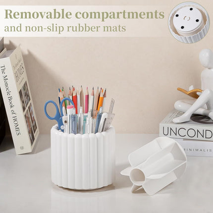 360° Rotating Pen Holder 7 Slots Desk Organizer Removable Pencil Cup Plastic Art Supplies and Accessories Desktop Storage Box Caddy for Office, School, Home (White)