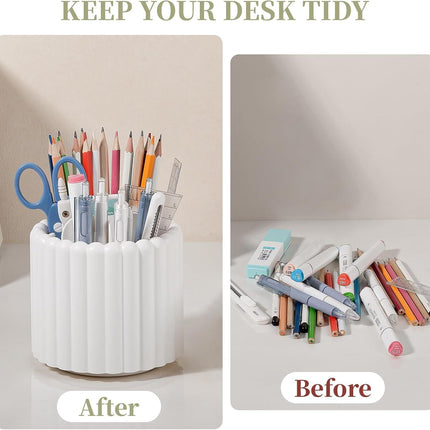360° Rotating Pen Holder 7 Slots Desk Organizer Removable Pencil Cup Plastic Art Supplies and Accessories Desktop Storage Box Caddy for Office, School, Home (White)