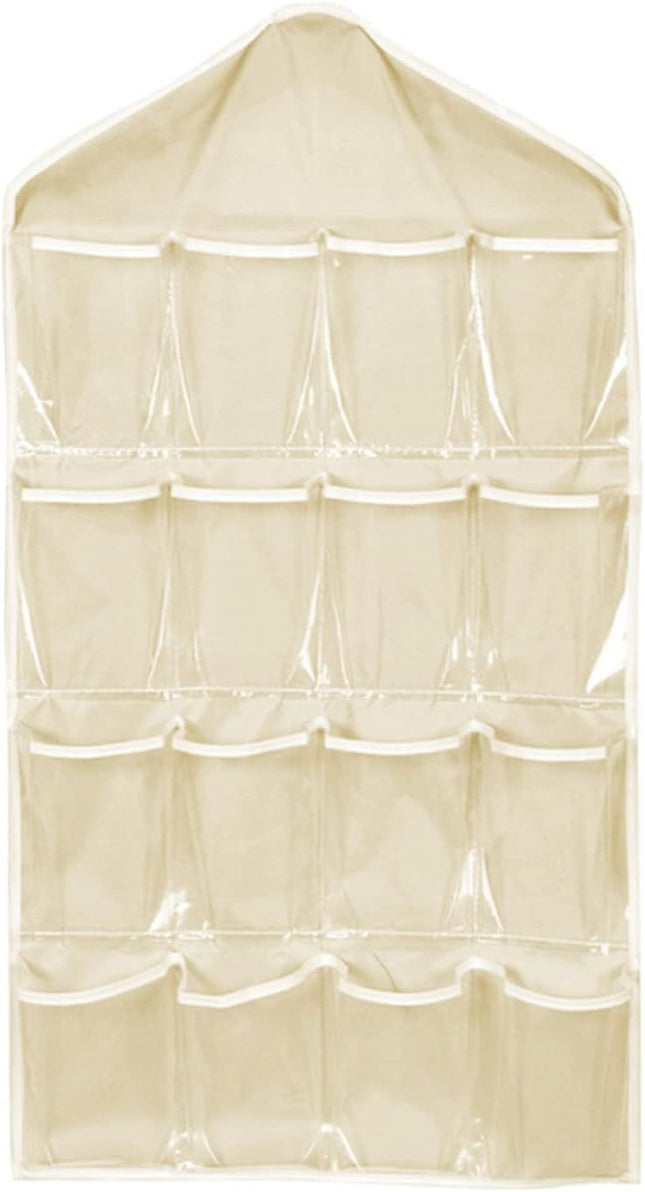 Beige Hanging Storage Bag for Closets Portable 16 Pockets Hanging Organizer for Socks Bras and