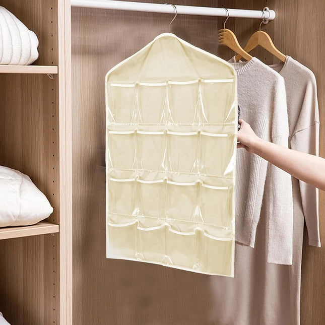 Beige Hanging Storage Bag for Closets Portable 16 Pockets Hanging Organizer for Socks Bras and – product detail