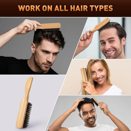 Boar Bristle Hair Brush for Men - Slick Back Hair Brush - Mens Hairbrush with Stiff Bristles & Wooden Handle, for Thick, Fine & Normal Hair Smoothing Styling Adding Shine, Beard Mustache Brush Comb