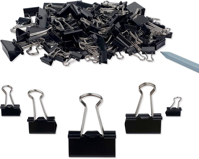 Binder Clips Paper Clamps Assorted Sizes 150 Count (Black) Large Medium Small X Small and Micro 5 Sizes in