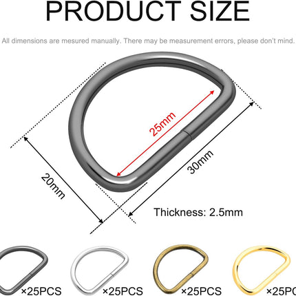 CooBigo 100 Pack 1" Metal D Ring for Purse Making Aprons Belts, Dee Rings Metal Buckle for Canvas Bags Webbing Leather Straps Wallets Crafts Pet Collar Backpack Hardware Assorted