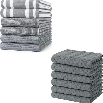 Homaxy Premium Kitchen Towels(18”x 28”, 6 Pack, Grey) and Terry Kitchen Towels(15" x 25", 6 Pack, Dark Grey), 380 GSM Reusable Tea Towel with Hanging Loop