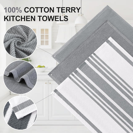 Homaxy Premium Kitchen Towels(18”x 28”, 6 Pack, Grey) and Terry Kitchen Towels(15" x 25", 6 Pack, Dark Grey), 380 GSM Reusable Tea Towel with Hanging Loop