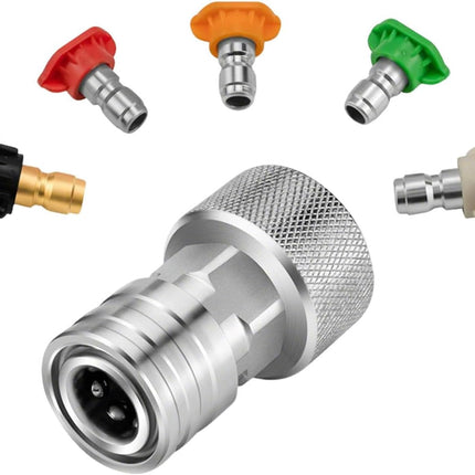 Garden Hose to Mini Power Washer Adapter-3/4 GHT to 1/4", Whit 5 Nozzle Set, Convert Water Hose to Power Washer Connector (1pcs)