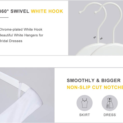 TOPIA HANGER Bride Hanger for Wedding Dress, Premium White Wooden Hangers, 360° Swivel White Hook, Smooth Finish, Extra Smoothly Cut Notches, 10 Pack-CT06W