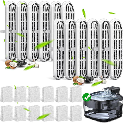 24 Pack (12 Filters & 12 Sponges) Cat Water Fountain Filters Compatible with OPOWO FT999 Cat Water Fountain (3.2L/108oz), Replacement Refills for Stainless Steel Pet Fountain