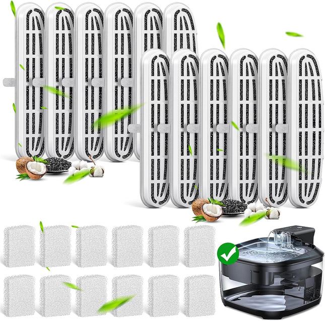 24 Pack (12 Filters & 12 Sponges) Cat Water Fountain Filters Compatible with OPOWO FT999 V1258-DP02-F-270