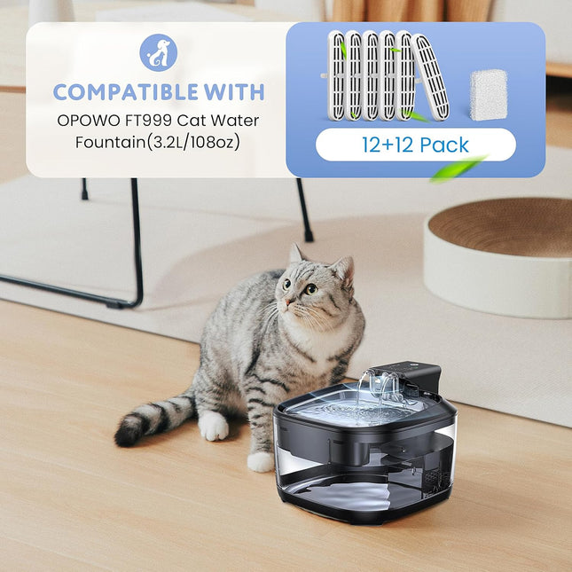 24 Pack (12 Filters & 12 Sponges) Cat Water Fountain Filters Compatible with OPOWO FT999 – product detail