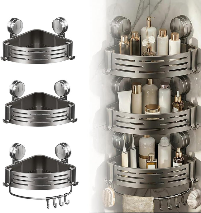 Triangle Suction Cup Corner Shelves with Towel Bar and Hooks Upgraded No Drilling Suction Cup Shower