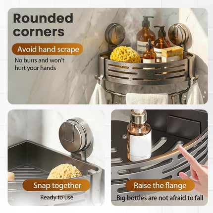 Triangle Suction Cup Corner Shelves with Towel Bar and Hooks, Upgraded No Drilling Suction Cup Shower Organizer (Gray, 3 pcs)