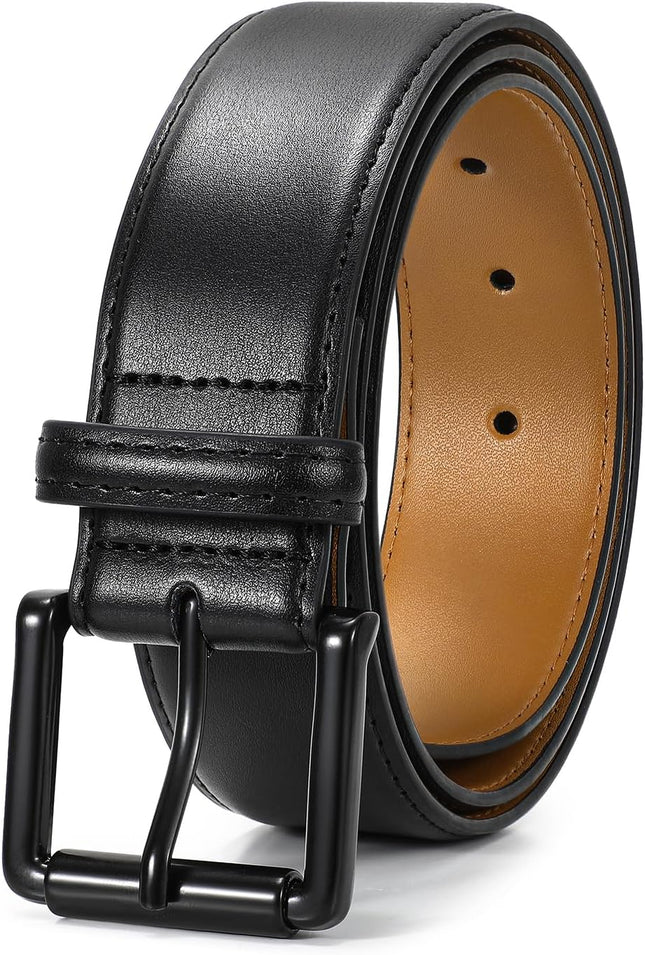 Men Genuine Leather Belt Mens Dress Belt Pin Buckle for Jeans Pants V1258-DP02-F-375 in Black