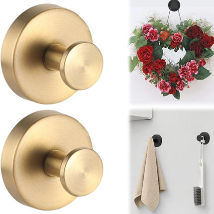 Suction Cup Hooks for Wreaths on Glass, 2025 New Model No-Drill Suction Cup Hook, Suction Cup Hooks Wreath Hangers, Metal Hook for Showers, Bathrooms, Window Glass, Door, and Wall (Gold 2PCS)