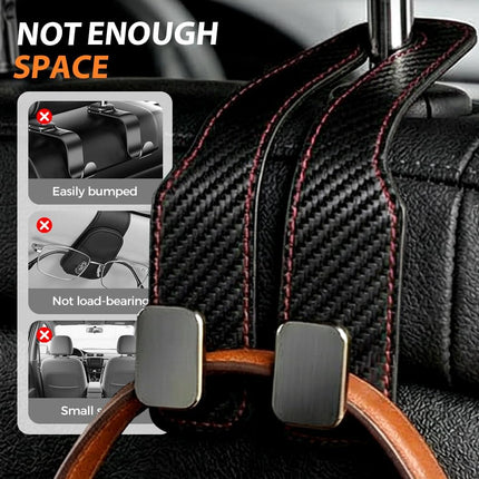 Car Seat Back Double Hook, Universal Premium Stitched Leather and Aluminum-Magnesium Alloy Double Car Seat Back Storage Hook for Purses, Handbags, Bags (Carbon Fiber, 2 pcs)