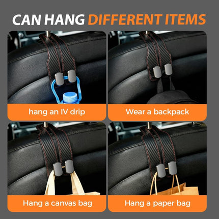 Car Seat Back Double Hook, Universal Premium Stitched Leather and Aluminum-Magnesium Alloy Double Car Seat Back Storage Hook for Purses, Handbags, Bags (Carbon Fiber, 2 pcs)