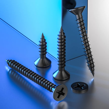 (300Pcs) #8x1-1/2 Black Wood Screw Quick Metal Self Tapping Flat Head