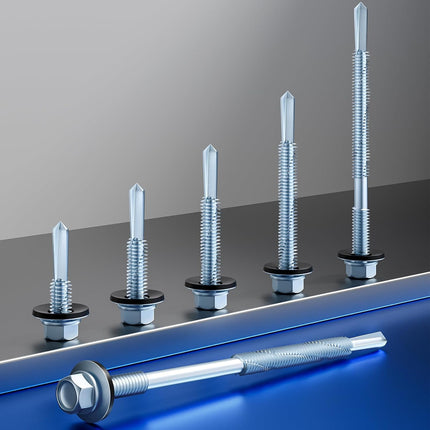 (300pcs) #12X1-1/4 Extended Hexagonal self-Tapping zinc-Plated Screws with Rubber washers,10mm Steel Plate can be drilled