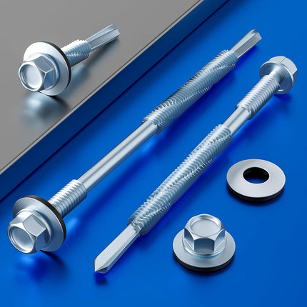 (300pcs) #12X1-1/4 Extended Hexagonal self-Tapping zinc-Plated Screws with Rubber washers,10mm Steel Plate can be drilled