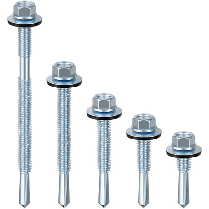 (300pcs) #12X1-1/4 Extended Hexagonal self-Tapping zinc-Plated Screws with Rubber washers,10mm Steel Plate can be drilled