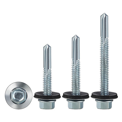 (300pcs) #12X1-1/4 Extended Hexagonal self-Tapping zinc-Plated Screws with Rubber washers,10mm Steel Plate can be drilled