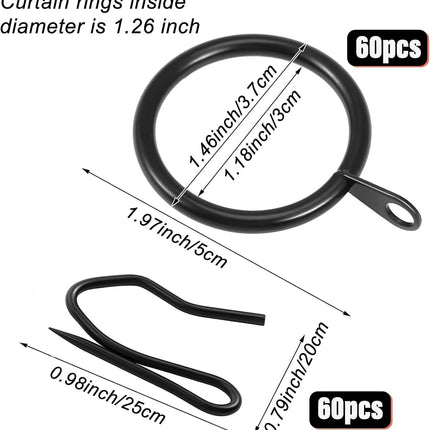 60 Pieces Metal Drapery Curtain Rings Curtain Hanging Rings and 60 Pieces Metal Curtain Drapery Pin Hooks for Window Curtain, Door Curtain and Shower Curtain (Black)