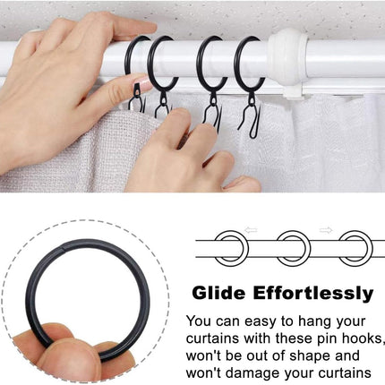 60 Pieces Metal Drapery Curtain Rings Curtain Hanging Rings and 60 Pieces Metal Curtain Drapery Pin Hooks for Window Curtain, Door Curtain and Shower Curtain (Black)