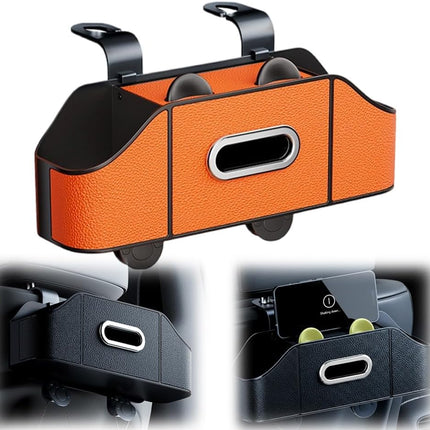 Multifunctional Car Back Seat Storage Organize with Tissue Holder, 2 Cup Holders and Purse Hooks, For Phones, Snacks, Drinks, Bags, Travel Storage (Orange)