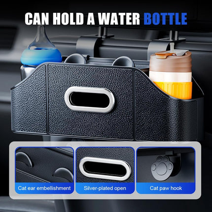 Multifunctional Car Back Seat Storage Organize with Tissue Holder, 2 Cup Holders and Purse Hooks, For Phones, Snacks, Drinks, Bags, Travel Storage (Orange)