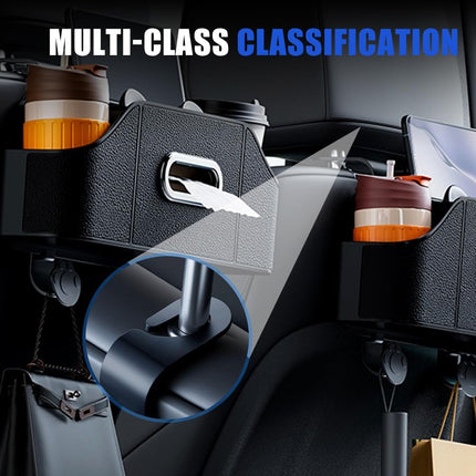 Multifunctional Car Back Seat Storage Organize with Tissue Holder, 2 Cup Holders and Purse Hooks, For Phones, Snacks, Drinks, Bags, Travel Storage (Orange)