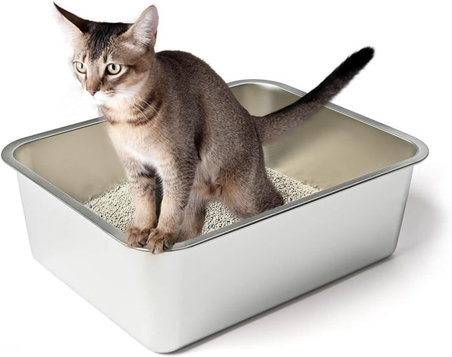 Stainless Steel Cat Litter Box High Sides Kitten Toilet Top Open Pet Tray Non-Stick Odorless Rt-Resistant