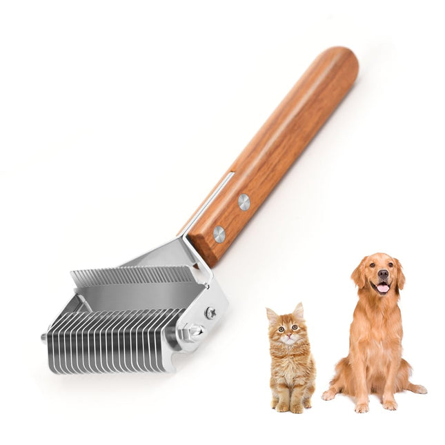 2-in-1 Dematting Comb & Shedding Brh Undercoat Rake Grooming Tool with Wooden Handle for Dogs & Cats