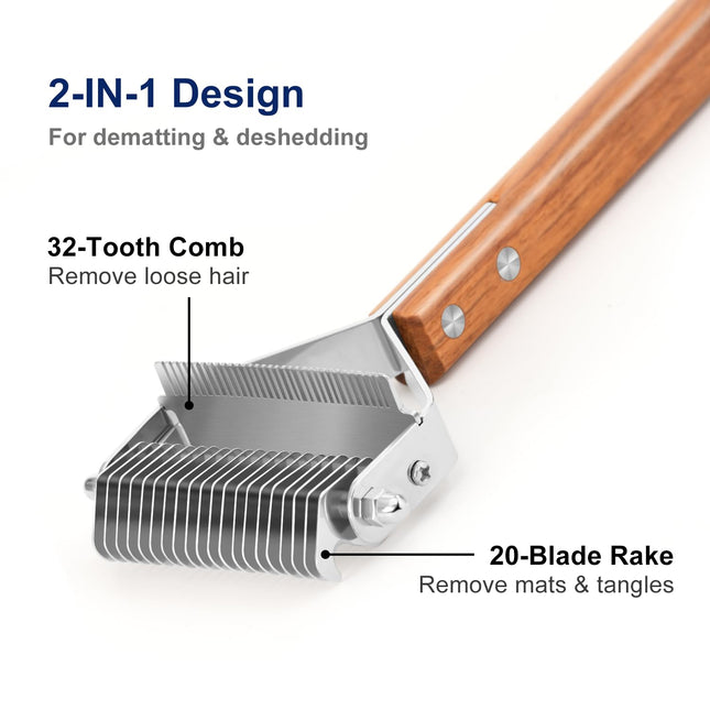 2-in-1 Dematting Comb & Shedding Brh Undercoat Rake Grooming Tool with Wooden Handle for Dogs & Cats – product detail