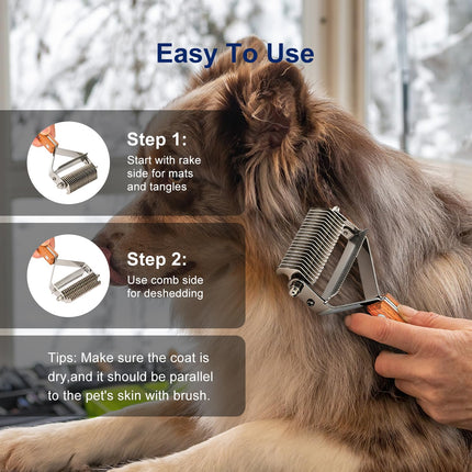 2-in-1 Dematting Comb & Shedding Brh, Undercoat Rake Grooming Tool with Wooden Handle for Dogs & Cats - Easily Removes Mats, Tangles, and Loose Hair