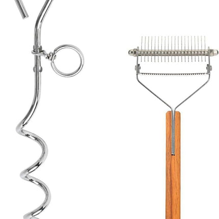 Dog Tie-Out Stake and 2-in-1 Shedding Grooming Tool