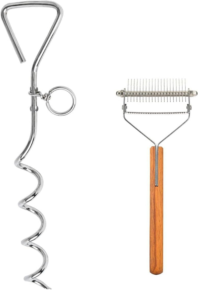 Dog Tie-Out Stake and 2-in-1 Shedding Grooming Tool V1258-DP02-F-542