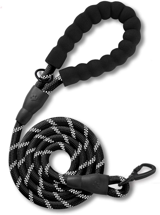 5 FT Strong Dog Leash with Comfortable Foam Handle and Highly Reflective Threads with Metal in Black
