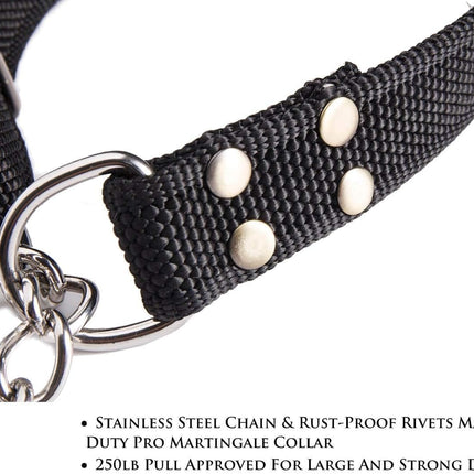 Stainless Steel Nylon Chain Martingale Collar Comfort Heavy Duty Large Dog Collar Escape Perfect for Training Walking Running and High Activities 250lb Pull Proved (Large, Black)