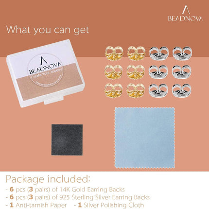 14K Gold 925 Sterling Silver Earring Backs Pierced Earring Backing Hypoallergenic Butterfly Ear Stud Backs for Studs (6 pcs 14K Gold, 6 pcs 925 Sterling Silver)