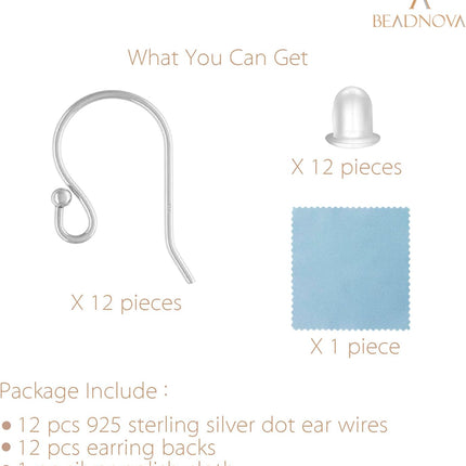 Earring Hooks 925 Sterling Silver Ball Dot Ear Wire with Rubber Backs Earwire for Jewelry Making Earring Supplies (12pcs Ear Wire and 12pcs Backs, Total 24pcs)
