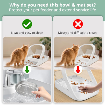 Stainless Steel Bowl for Automatic Microchip Cat Pet Feeder, Sealing Ring Design for Keeping Food Fresh and Reducing Odor, SUS 304, Easy to Clean, 2 Bowl & 1 Mat Set