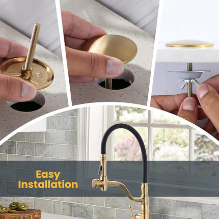 Kitchen Sink Hole Cover, 2 PCS Faucet Plate Stopper, Countertop Cap, Tap Blanking Metal Plug, Brushed Gold