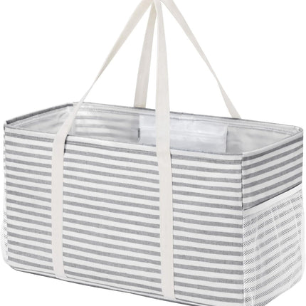 Extra Large Tote Bag, Reable Grocery Bags with Metal Wire Frame and Handles, Standing Utility Foldable Shopping Bags for Storage, Picnics, Beach, Laundry, Car, 46L, 1 Pack, Gray