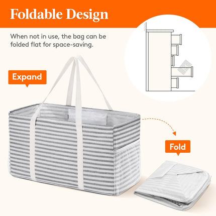 Extra Large Tote Bag, Reable Grocery Bags with Metal Wire Frame and Handles, Standing Utility Foldable Shopping Bags for Storage, Picnics, Beach, Laundry, Car, 46L, 1 Pack, Gray