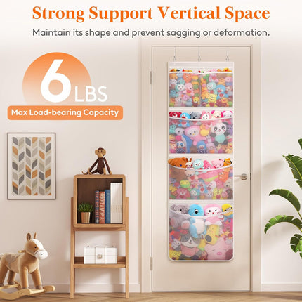 Stuffed Animal Storage, Over the Door Organizer with 5 Expandable Mesh Pockets, Breathable Oxford Fabric Hanging Kid Baby Plh Toy Holder for Nursery, 167 cm (65.8'') High, White, 1 Pack