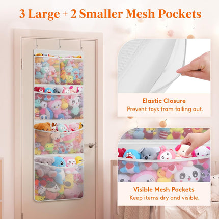 Stuffed Animal Storage, Over the Door Organizer with 5 Expandable Mesh Pockets, Breathable Oxford Fabric Hanging Kid Baby Plh Toy Holder for Nursery, 167 cm (65.8'') High, White, 1 Pack