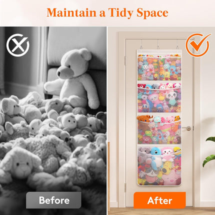 Stuffed Animal Storage, Over the Door Organizer with 5 Expandable Mesh Pockets, Breathable Oxford Fabric Hanging Kid Baby Plh Toy Holder for Nursery, 167 cm (65.8'') High, White, 1 Pack