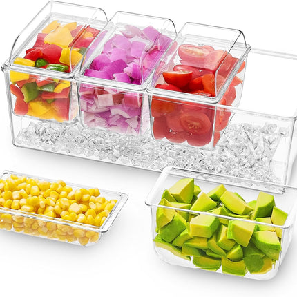 Taco Bar Serving Set for Party with 4 x 20 oz Containers, Ice Chilled Condiment Caddy Organizer, Garnish Serving Tray Platter for Mimosa Bar Accessories, Fruit, Salad, Food
